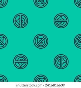 Blue line No pig icon isolated seamless pattern on green background. Stop pork. Animal symbol.  Vector