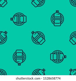 Blue line No plastic bottle icon isolated seamless pattern on green background.  Vector Illustration