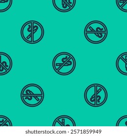 Blue line No Smoking icon isolated seamless pattern on green background. Cigarette symbol.  Vector