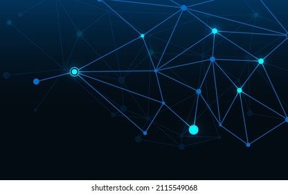 Blue line node connection network concept. Abstract data structure. Molecular science pattern for web. Light cybernetic effect with poly.