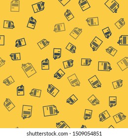 Blue line Note paper with pinned pushbutton icon isolated seamless pattern on yellow background. Memo paper sign.  Vector Illustration