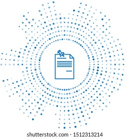 Blue line Note paper with pinned pushbutton icon isolated on white background. Memo paper sign. Abstract circle random dots. Vector Illustration