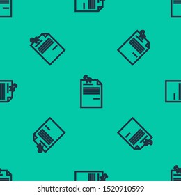 Blue line Note paper with pinned pushbutton icon isolated seamless pattern on green background. Memo paper sign.  Vector Illustration