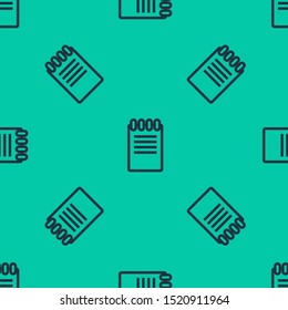 Blue line Notebook icon isolated seamless pattern on green background. Spiral notepad icon. School notebook. Writing pad. Diary for business. Notebook cover design.  Vector Illustration