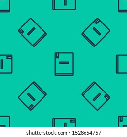 Blue line Notebook icon isolated seamless pattern on green background. Spiral notepad icon. School notebook. Writing pad. Diary for school.  Vector Illustration