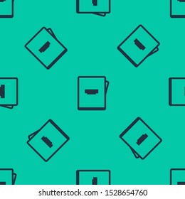 Blue line Notebook icon isolated seamless pattern on green background. Spiral notepad icon. School notebook. Writing pad. Diary for school.  Vector Illustration