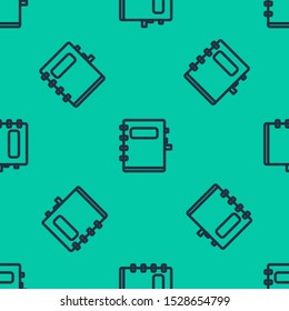 Blue line Notebook icon isolated seamless pattern on green background. Spiral notepad icon. School notebook. Writing pad. Diary for school.  Vector Illustration
