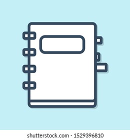 Blue line Notebook icon isolated on blue background. Spiral notepad icon. School notebook. Writing pad. Diary for school.  Vector Illustration