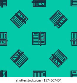 Blue line Notebook icon isolated seamless pattern on green background. Spiral notepad icon. Writing pad. Diary for business. Notebook cover design.  Vector Illustration