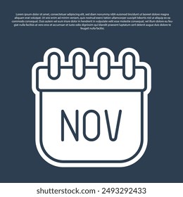 Blue line November calendar autumn icon isolated on blue background.  Vector