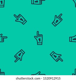 Blue line Number 1 one fan hand glove with finger raised icon isolated seamless pattern on green background. Symbol of team support in competitions.  Vector Illustration
