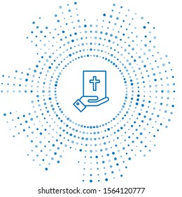 Blue line Oath on the Holy Bible icon isolated on white background. The procedure in court. Truth and truth. Promise before god. Abstract circle random dots. Vector Illustration