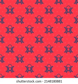 Blue line Octopus icon isolated seamless pattern on red background.  Vector