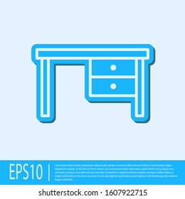 Blue line Office desk icon isolated on grey background.  Vector Illustration