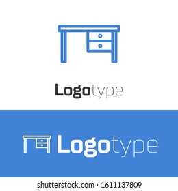 Blue line Office desk icon isolated on white background. Logo design template element. Vector Illustration