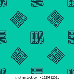 Blue line Office folders with papers and documents icon isolated seamless pattern on green background. Office binders. Archives folder sign.  Vector Illustration