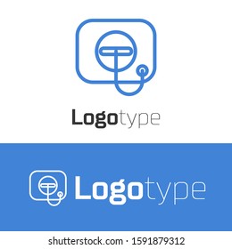 Blue line Oil filler cap opening at the gas station icon isolated on white background. Logo design template element. Vector Illustration