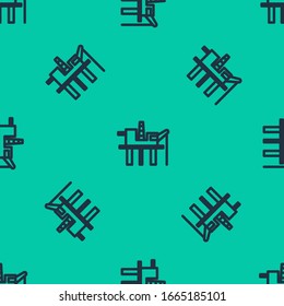 Blue line Oil platform in the sea icon isolated seamless pattern on green background. Drilling rig at sea. Oil platform, gas fuel, industry offshore.  Vector Illustration