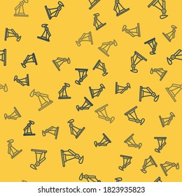 Blue line Oil pump or pump jack icon isolated seamless pattern on yellow background. Oil rig.  Vector Illustration