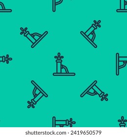 Blue line Oil pump or pump jack icon isolated seamless pattern on green background. Oil rig.  Vector Illustration