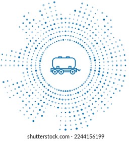 Blue line Oil railway cistern icon isolated on white background. Train oil tank on railway car. Rail freight. Oil industry. Abstract circle random dots. Vector Illustration