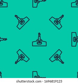 Blue line Oil rig with fire icon isolated seamless pattern on green background. Gas tower. Industrial object.  Vector Illustration