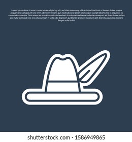 Blue line Oktoberfest hat icon isolated on blue background. Hunter hat with feather. German hat.  Vector Illustration