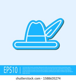 Blue line Oktoberfest hat icon isolated on grey background. Hunter hat with feather. German hat.  Vector Illustration