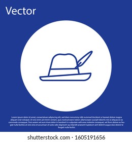 Blue line Oktoberfest hat icon isolated on blue background. Hunter hat with feather. German hat. White circle button. Vector Illustration