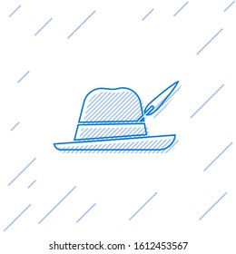 Blue line Oktoberfest hat icon isolated on white background. Hunter hat with feather. German hat.  Vector Illustration