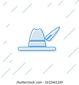 Blue line Oktoberfest hat icon isolated on white background. Hunter hat with feather. German hat.  Vector Illustration