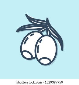 Blue line Olives branch icon isolated on blue background.  Vector Illustration