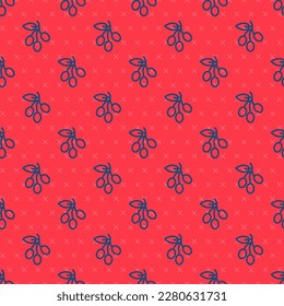 Blue line Olives branch icon isolated seamless pattern on red background.  Vector