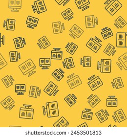 Blue line Online book on monitor icon isolated seamless pattern on yellow background. Internet education concept, e-learning resources.  Vector Illustration