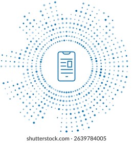 Blue line Online book on mobile icon isolated on white background. Internet education concept, e-learning resources. Abstract circle random dots. Vector Illustration