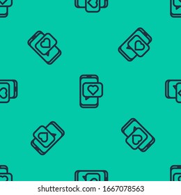 Blue line Online dating app and chat icon isolated seamless pattern on green background. International Happy Women Day.  Vector Illustration