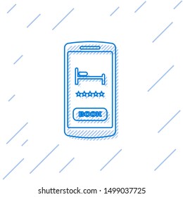 Blue line Online hotel booking icon isolated on white background. Online booking design concept for mobile phone.  Vector Illustration