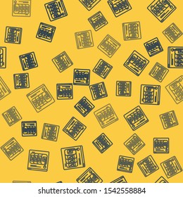 Blue line Online slot machine with lucky sevens jackpot icon isolated seamless pattern on yellow background. Online casino.  Vector Illustration