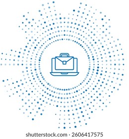 Blue line Online working icon isolated on white background. Freelancer man working on laptop at his house. Remote work. Distant job concept. Abstract circle random dots. Vector