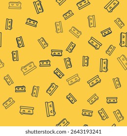 Blue line Open coffin with dead deceased body icon isolated seamless pattern on yellow background. Funeral after death. Corpse in an open hearse for burial.  Vector