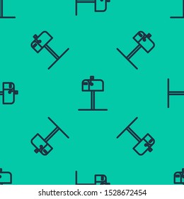 Blue line Open mail box icon isolated seamless pattern on green background. Mailbox icon. Mail postbox on pole with flag.  Vector Illustration