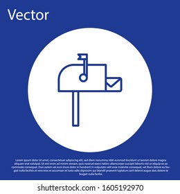Blue line Open mail box icon isolated on blue background. Mailbox icon. Mail postbox on pole with flag. White circle button. Vector Illustration