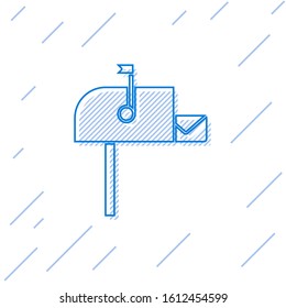 Blue line Open mail box icon isolated on white background. Mailbox icon. Mail postbox on pole with flag.  Vector Illustration