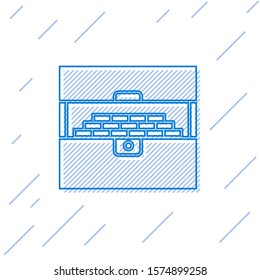 Blue line Opened antique treasure chest icon isolated on white background. Vintage wooden chest with golden coin.  Vector Illustration