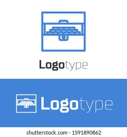 Blue line Opened antique treasure chest icon isolated on white background. Vintage wooden chest with golden coin. Logo design template element. Vector Illustration