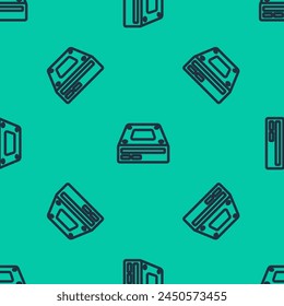 Línea azul Icono de unidad de disco óptico aislado patrón sin fisuras sobre fondo verde. Unidad de CD DVD portátil para disco de datos de lectura y escritura.  Vector