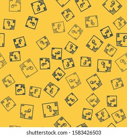 Blue line Ordered envelope icon isolated seamless pattern on yellow background. Email message letter symbol.  Vector Illustration