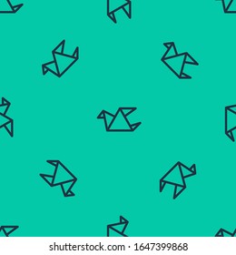 Blue line Origami bird icon isolated seamless pattern on green background.  Vector Illustration