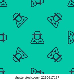 Blue line Orthodox jewish hat with sidelocks icon isolated seamless pattern on green background. Jewish men in the traditional clothing. Judaism symbols.  Vector