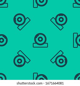 Blue line Otolaryngological head reflector icon isolated seamless pattern on green background. Equipment for inspection the patient's ear, throat and nose.  Vector Illustration